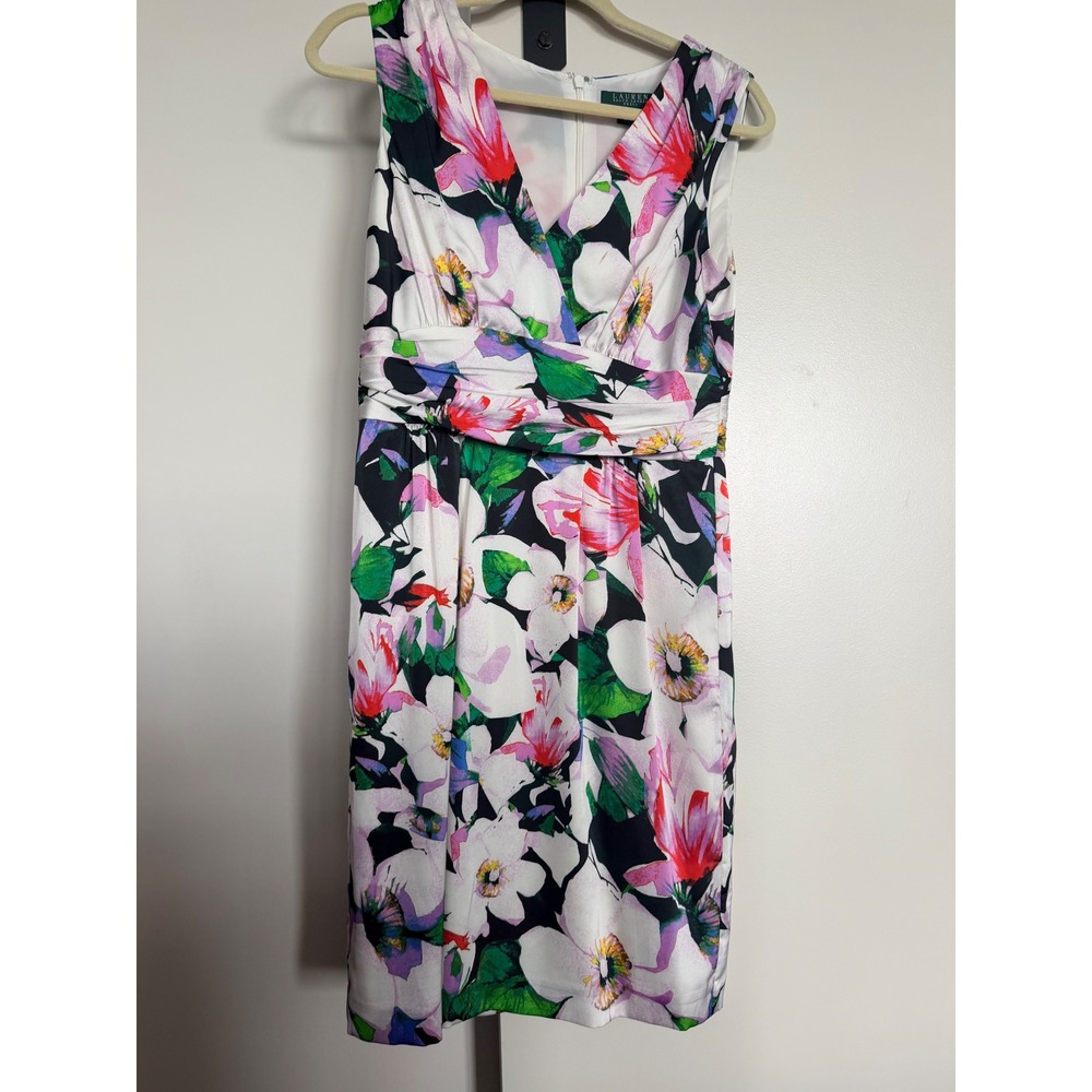 Lauren Ralph Lauren Floral V-Neck Ruched Sheath Dress Size 8 White Pink Multi - Picture 2 of 8